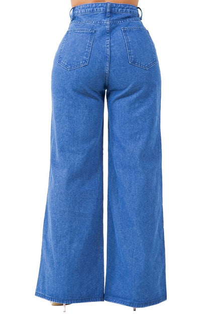 Snap Button Wide Leg Jeans