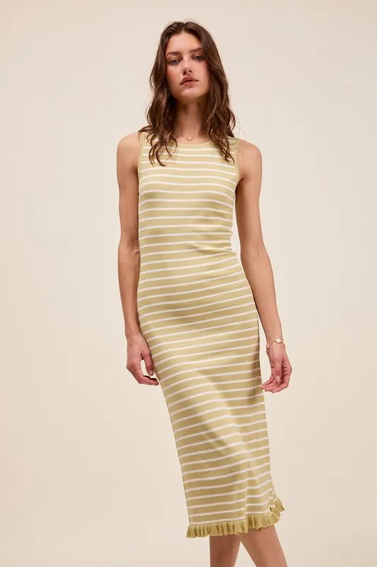 Stripe Sleeveless Sweater Knit Maxi Dress With Ruffled Hem.