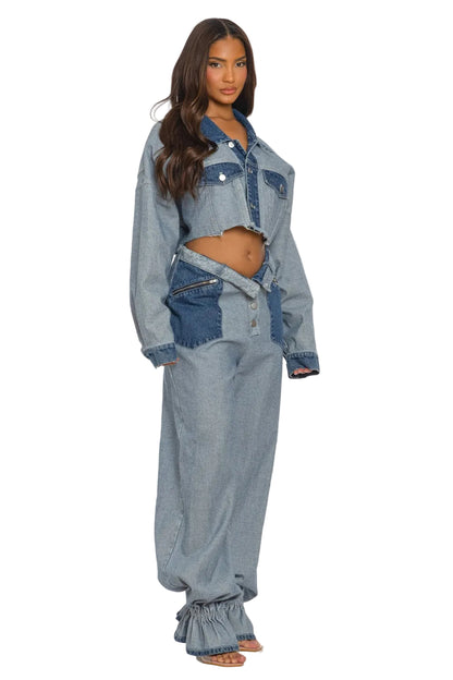 Woman wearing a denim outfit on a white background