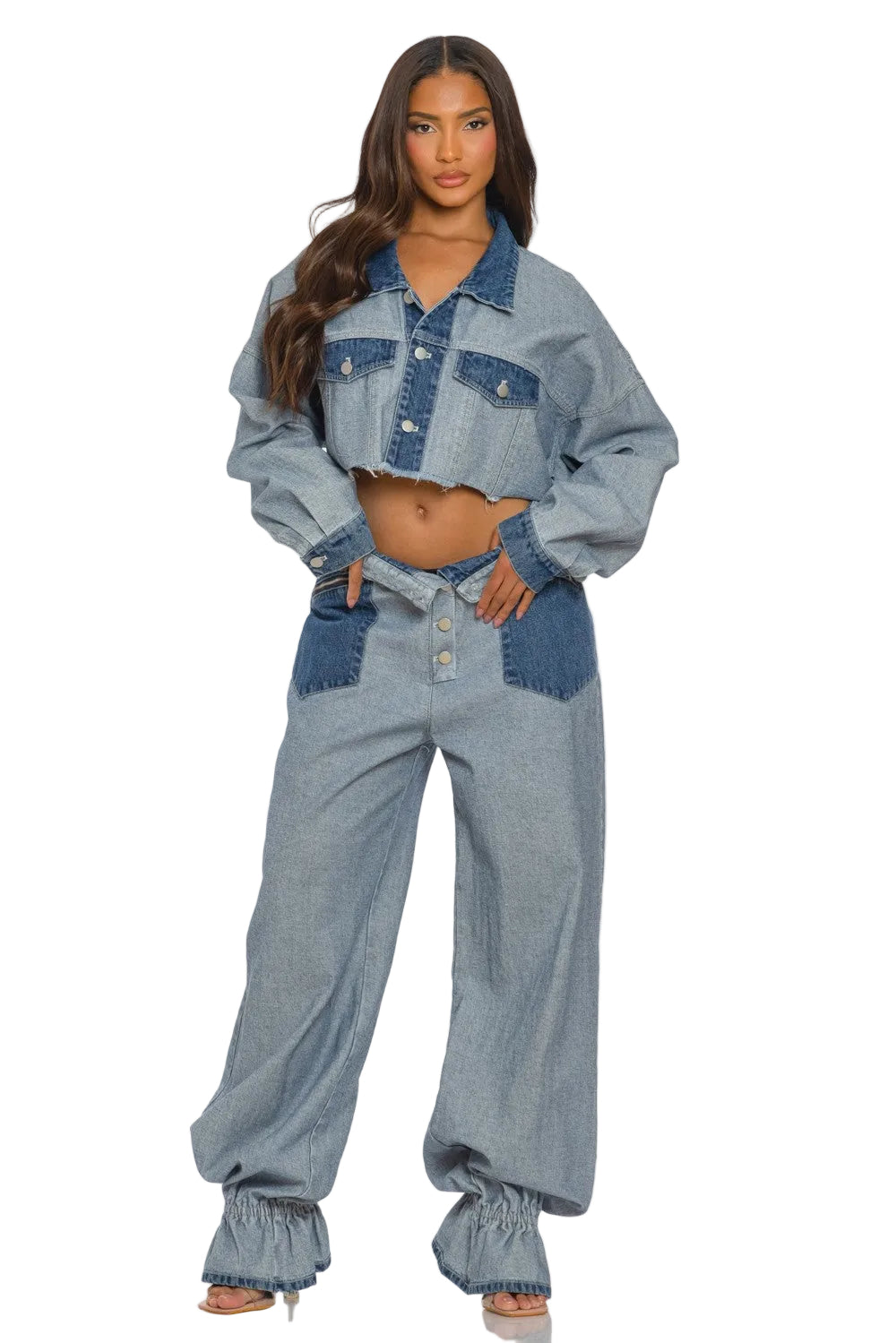 Woman wearing a denim outfit on a white background