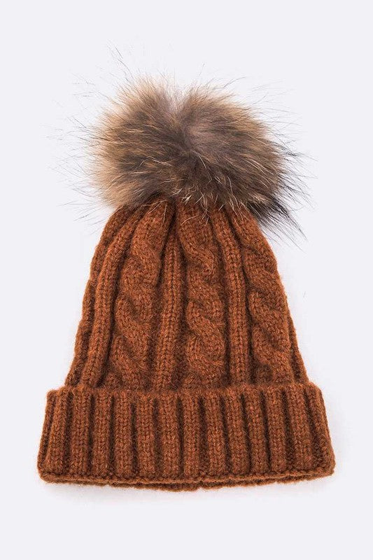 Genuine Fur Pom Cable Knit Soft Beanie