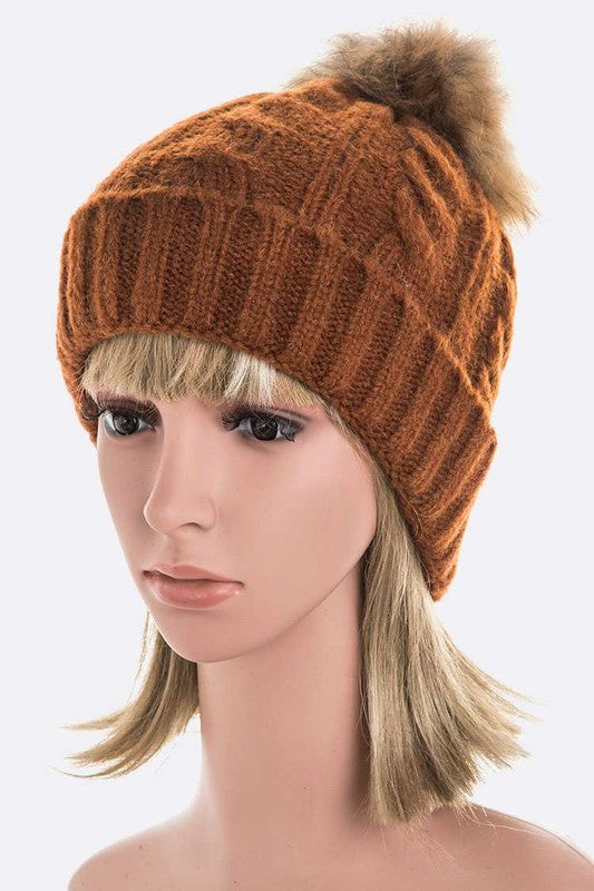 Genuine Fur Pom Cable Knit Soft Beanie