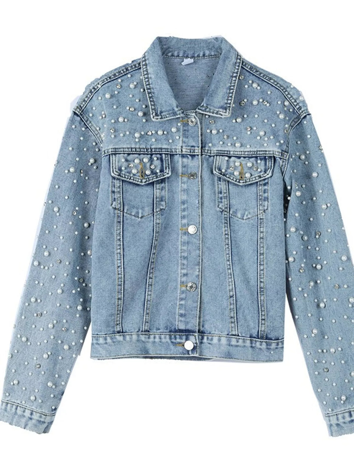 A light blue denim jacket decorated with silver rhinestone studs, shown against a plain white background.