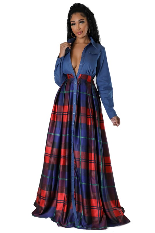 Plaid Button Down Long Maxi Dress