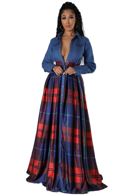 Plaid Button Down Long Maxi Dress