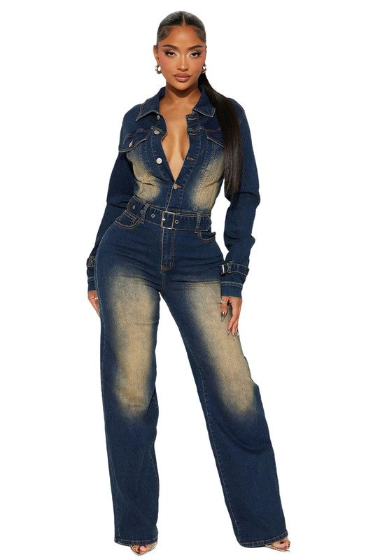 Bleached Wash Denim Jumpsuit