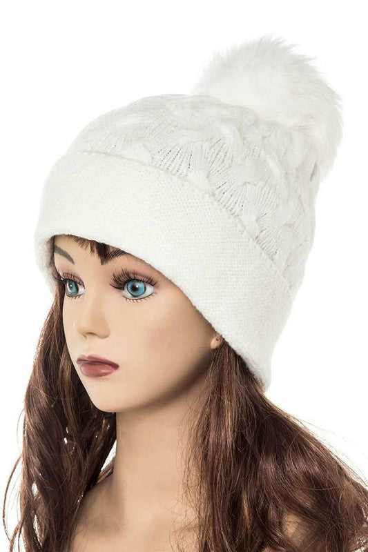 Cuffed Genuine Fur Pom Slouchy Beanie