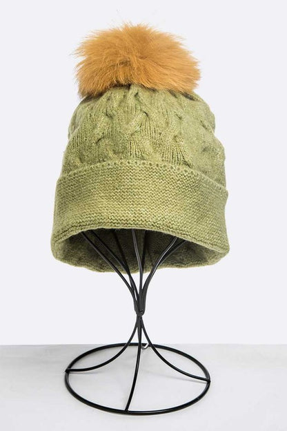 Cuffed Genuine Fur Pom Slouchy Beanie