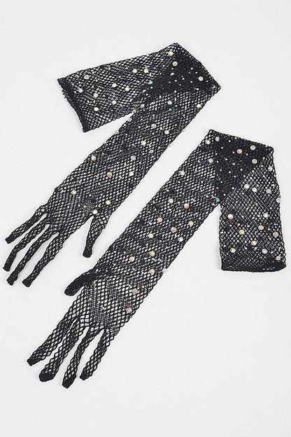 Rhinestone Accent Mesh Elegant Gloves