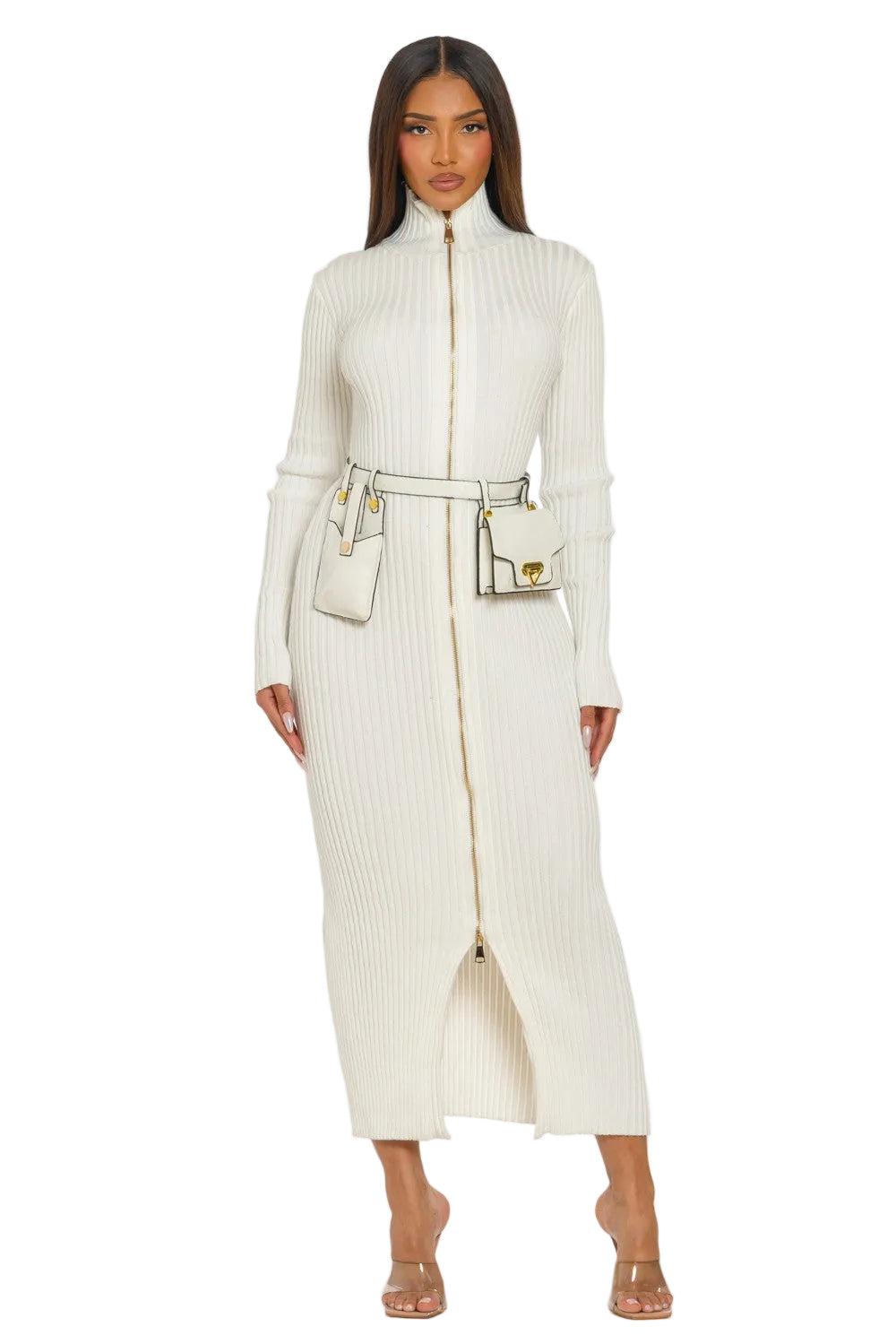 Woman wearing a long cream coat with a matching handbag on a white background