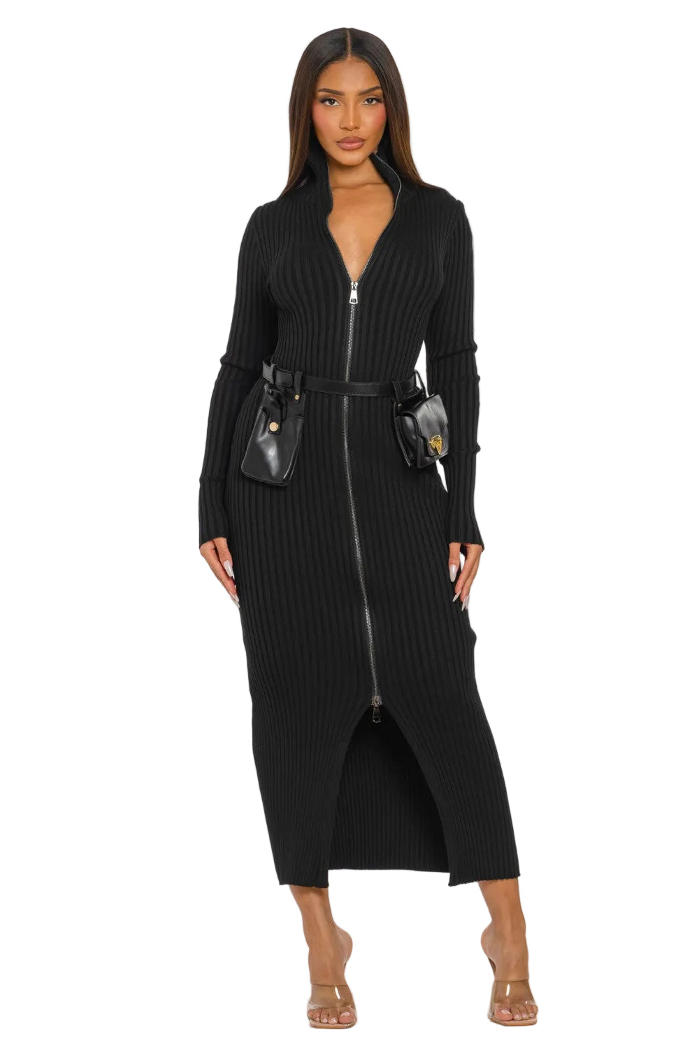 Woman wearing a black ribbed dress with a zipper on a white background
