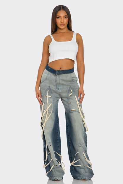 Distressed Denim Wide-Leg Pants