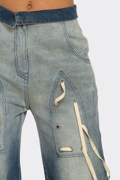 Distressed Denim Wide-Leg Pants