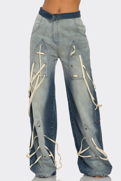 Distressed Denim Wide-Leg Pants