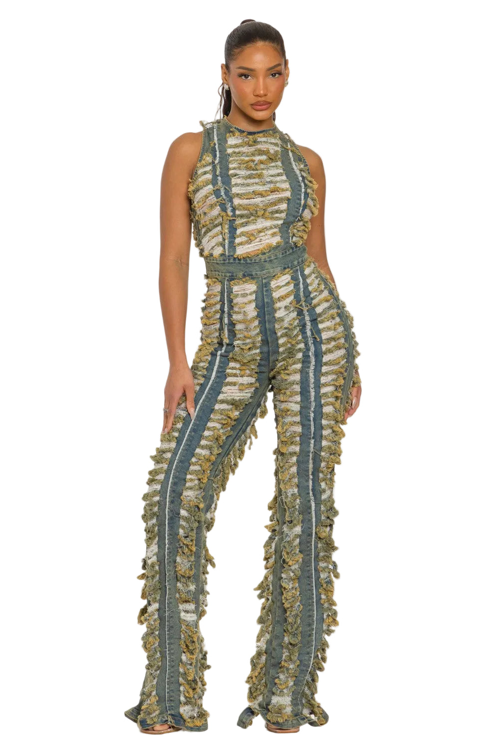 Woman wearing a patterned jumpsuit on a white background