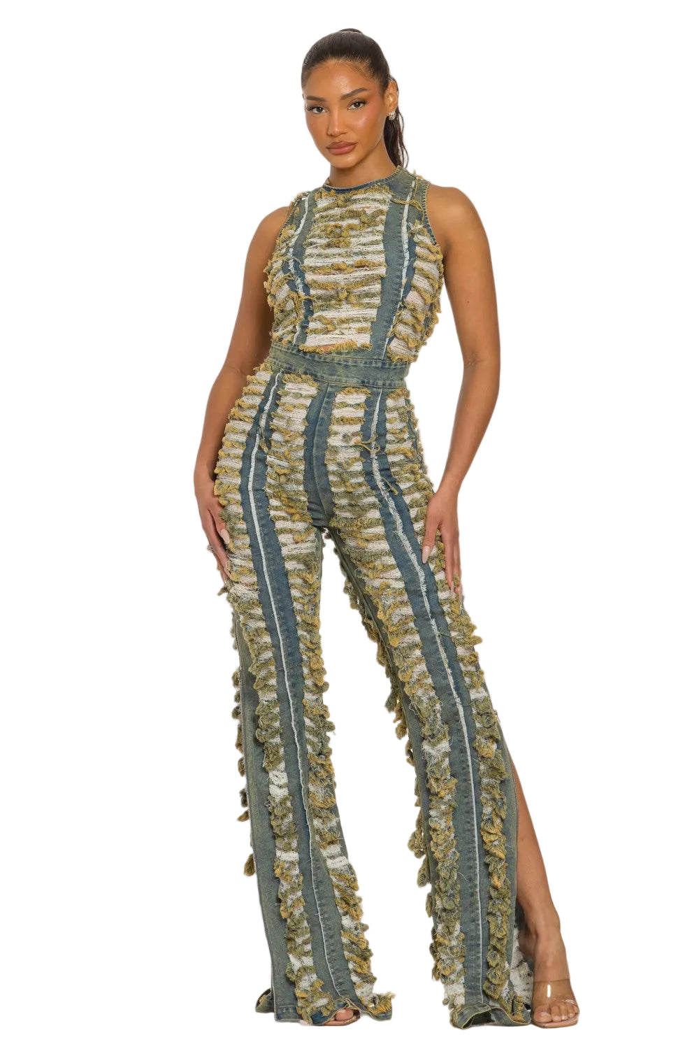 Woman wearing a patterned jumpsuit on a white background