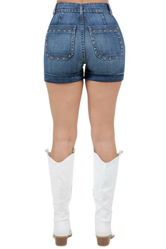 Willow Studded Denim Short in Dark Wash.