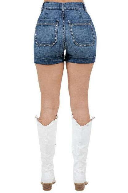 Willow Studded Denim Short in Dark Wash.