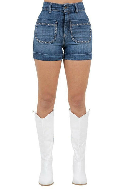 Willow Studded Denim Short in Dark Wash.