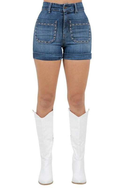 Willow Studded Denim Short in Dark Wash.