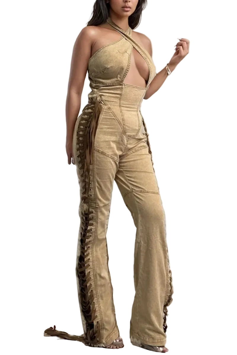 Crisscross Halter Lace-Up Denim Jumpsuit | Camel