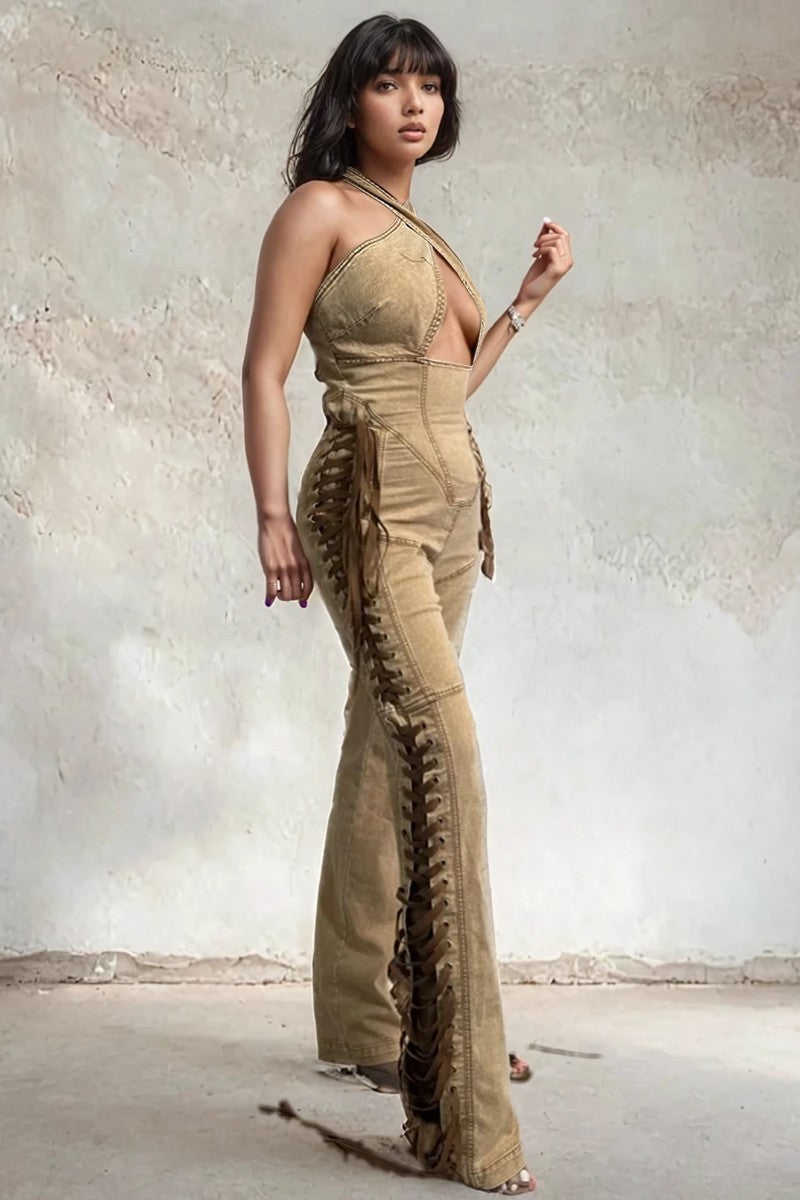 Crisscross Halter Lace-Up Denim Jumpsuit | Camel