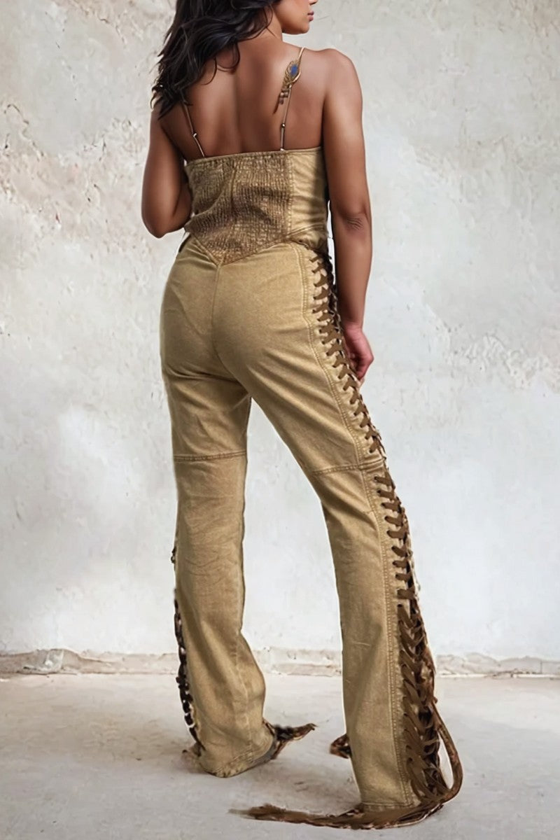 Crisscross Halter Lace-Up Denim Jumpsuit | Camel