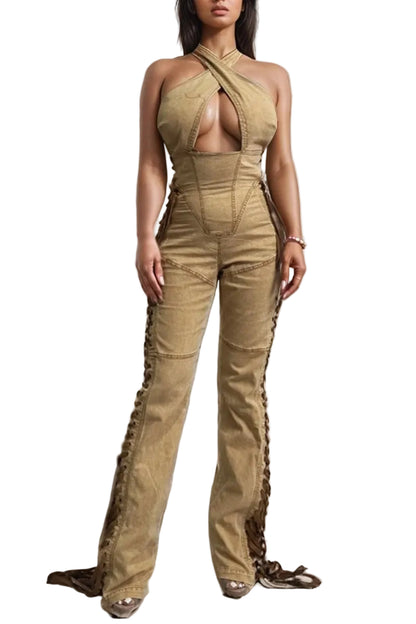 Crisscross Halter Lace-Up Denim Jumpsuit | Camel