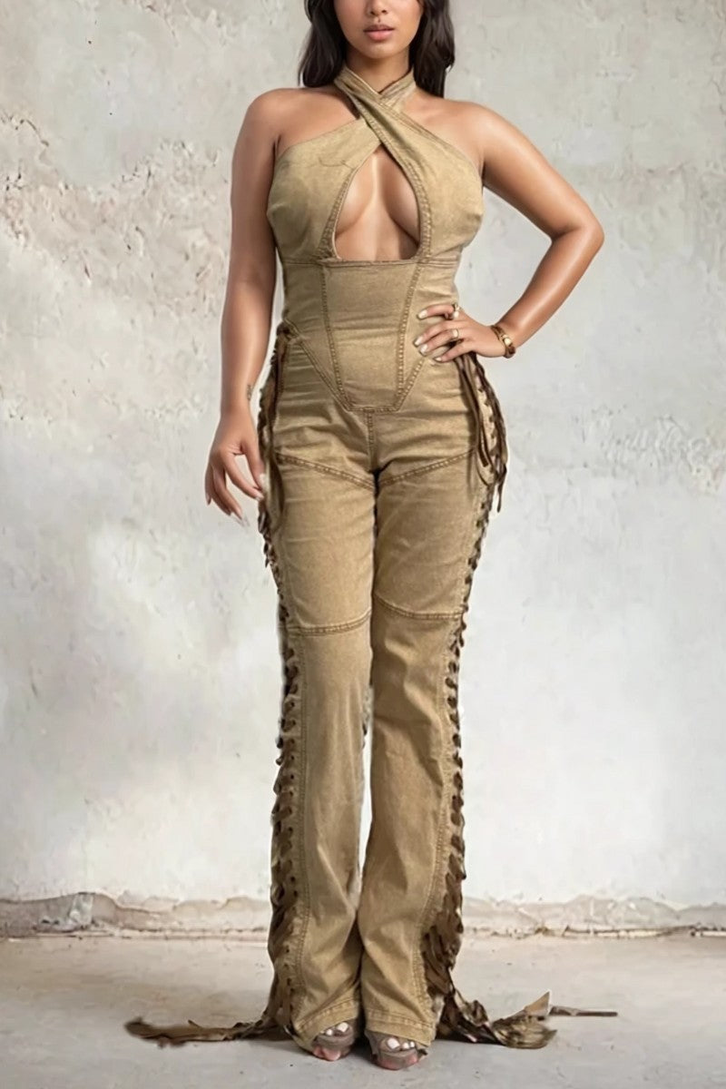 Crisscross Halter Lace-Up Denim Jumpsuit | Camel