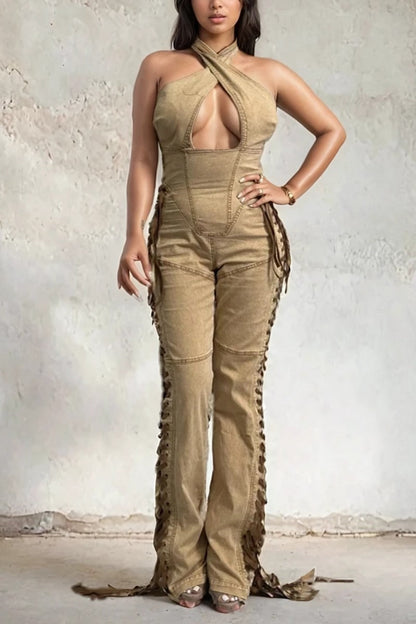 Crisscross Halter Lace-Up Denim Jumpsuit | Camel