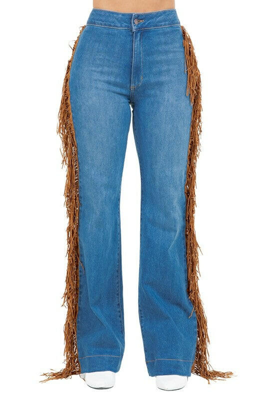 Harley Wide Leg Fringe in Medium Wash.