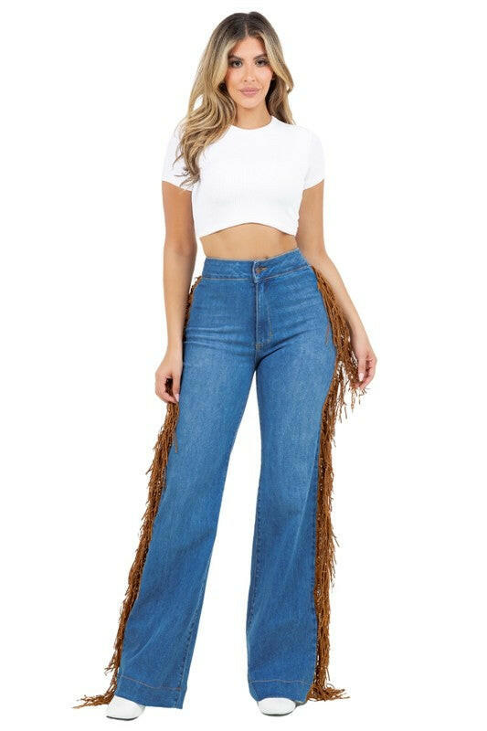 Harley Wide Leg Fringe in Medium Wash.
