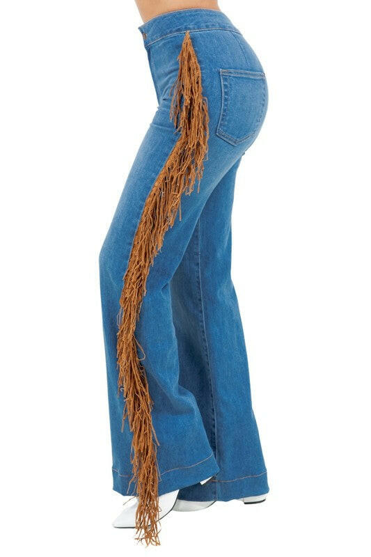 Harley Wide Leg Fringe in Medium Wash.