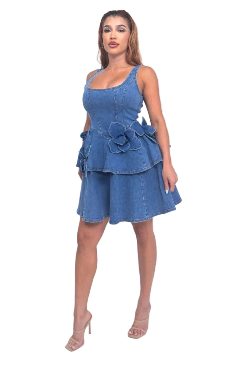 Denim Tiered Mini Dress with 3D Flower Detail