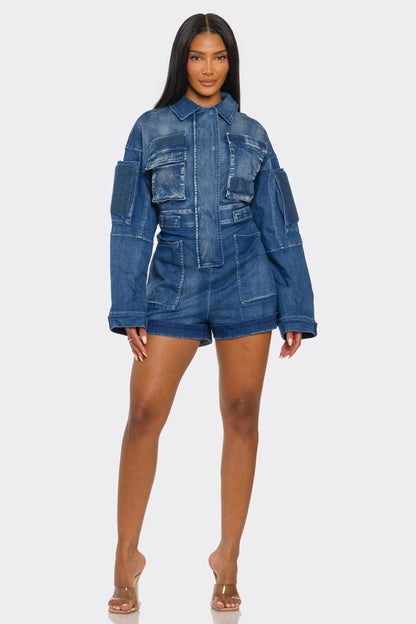 Utility Belted Khaki Romper – Cargo Pocket Detail