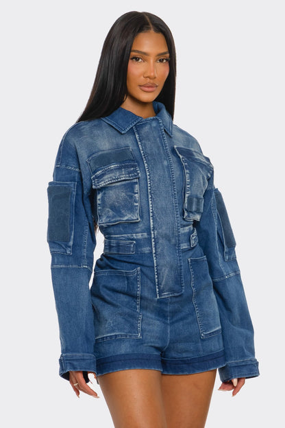 Utility Belted Khaki Romper – Cargo Pocket Detail