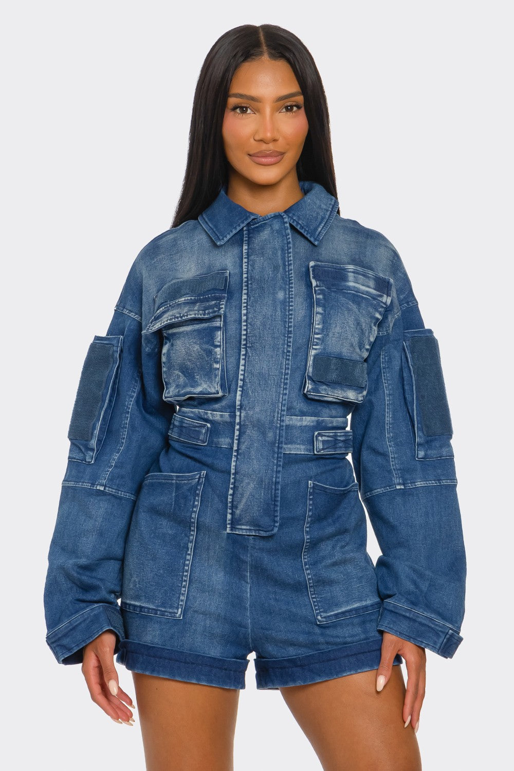 Utility Belted Khaki Romper – Cargo Pocket Detail