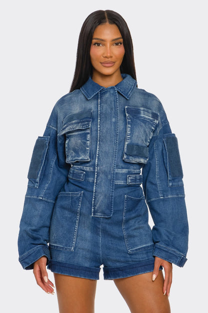 Utility Belted Khaki Romper – Cargo Pocket Detail