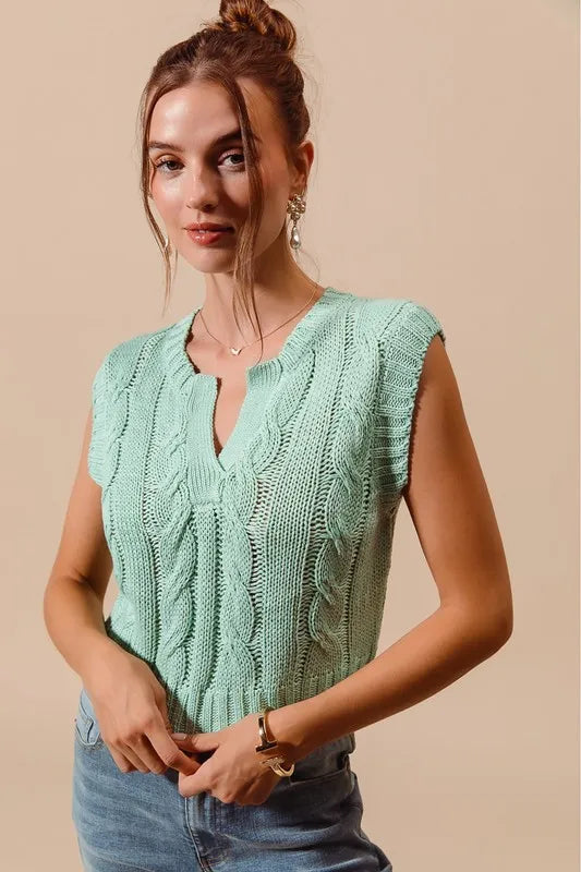 Notched Neck Cable Knit Sweater Vest.