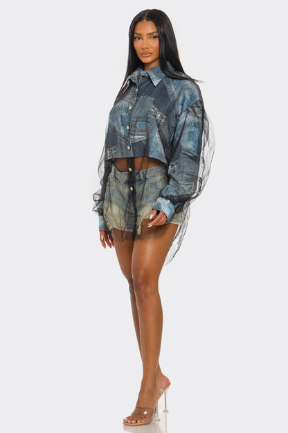 Denim Mesh Illusion Oversized Shirt