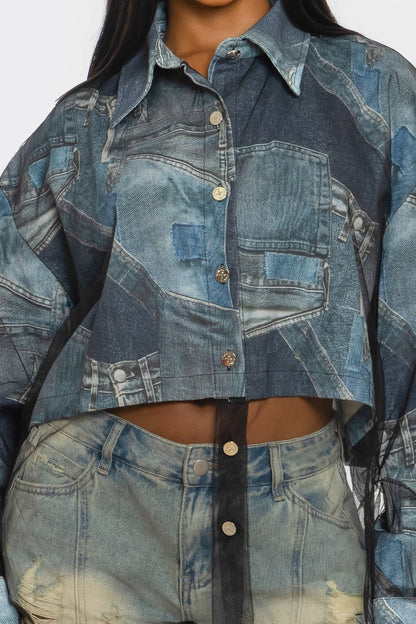 Denim Mesh Illusion Oversized Shirt