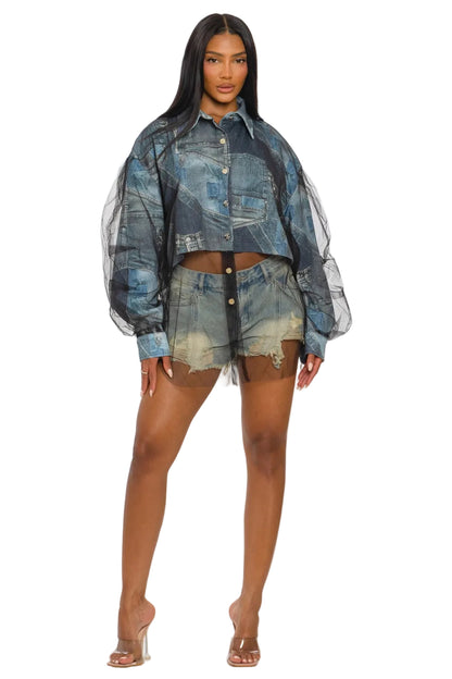 Denim Mesh Illusion Oversized Shirt