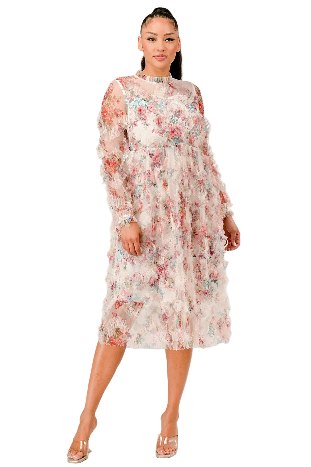 Woman wearing a floral dress on a white background