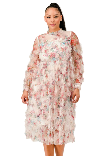 Woman wearing a floral dress against a white background