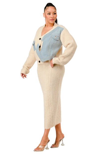 Denim Patchwork Knit Two-Piece Skirt Set