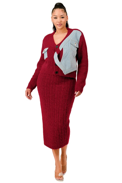 Denim Patchwork Knit Two-Piece Skirt Set