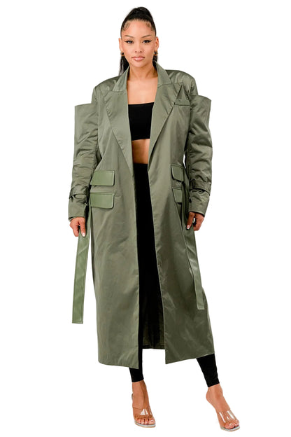 Olive Green Longline Trench Coat with Belt