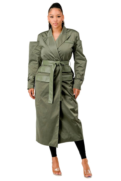 Olive Green Longline Trench Coat with Belt