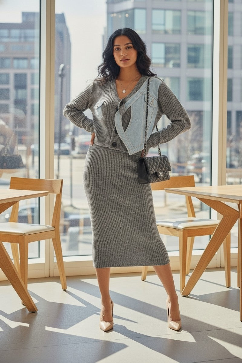 Denim Patchwork Knit Two-Piece Skirt Set