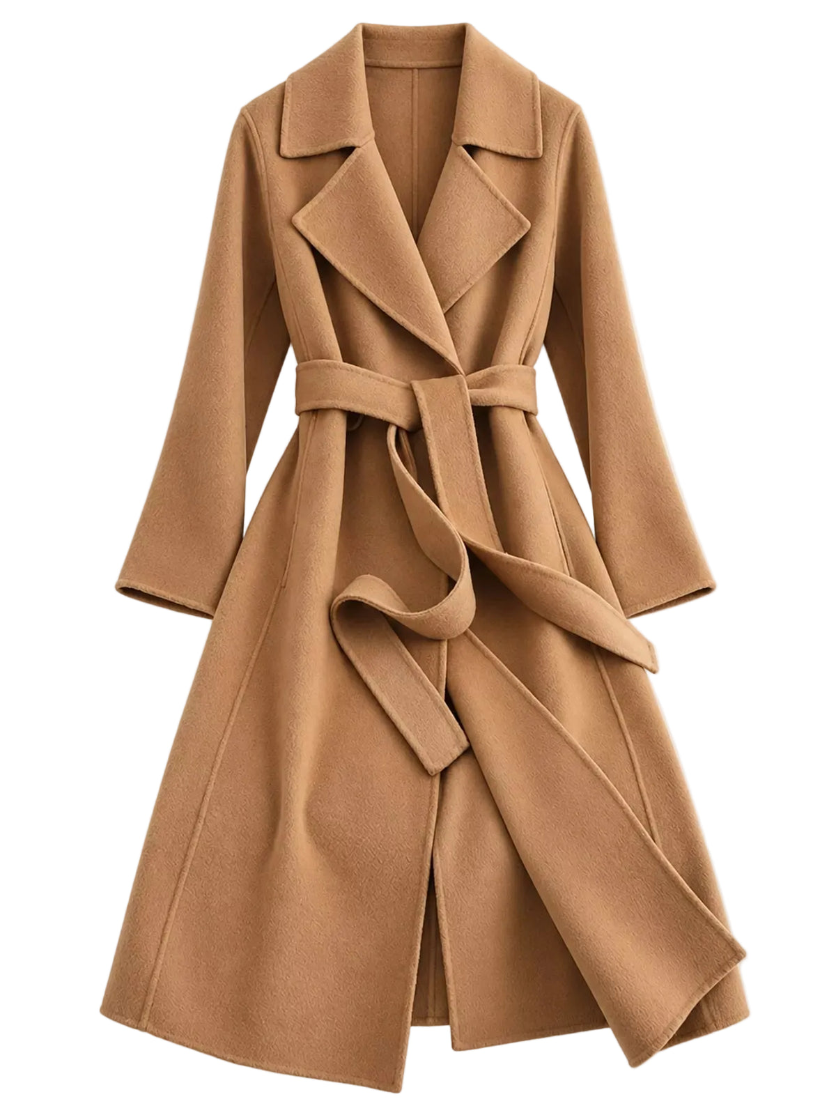 A camel brown wool coat with a matching waist tie belt, displayed on a clean white background.